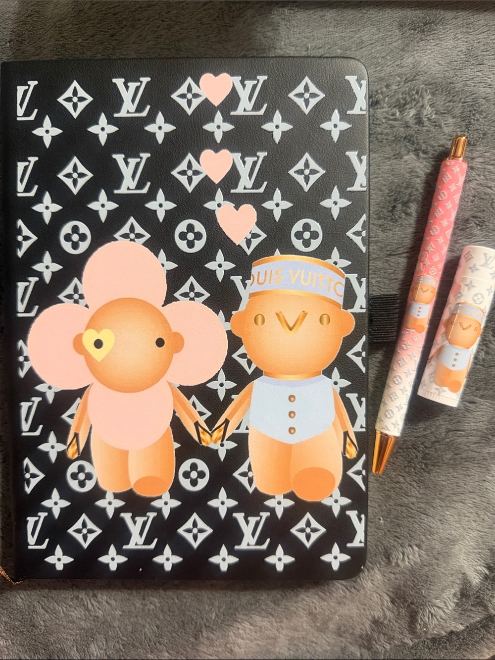 Black Journal Covered with Blue & Pink designs, matching Pen and Lip Balm